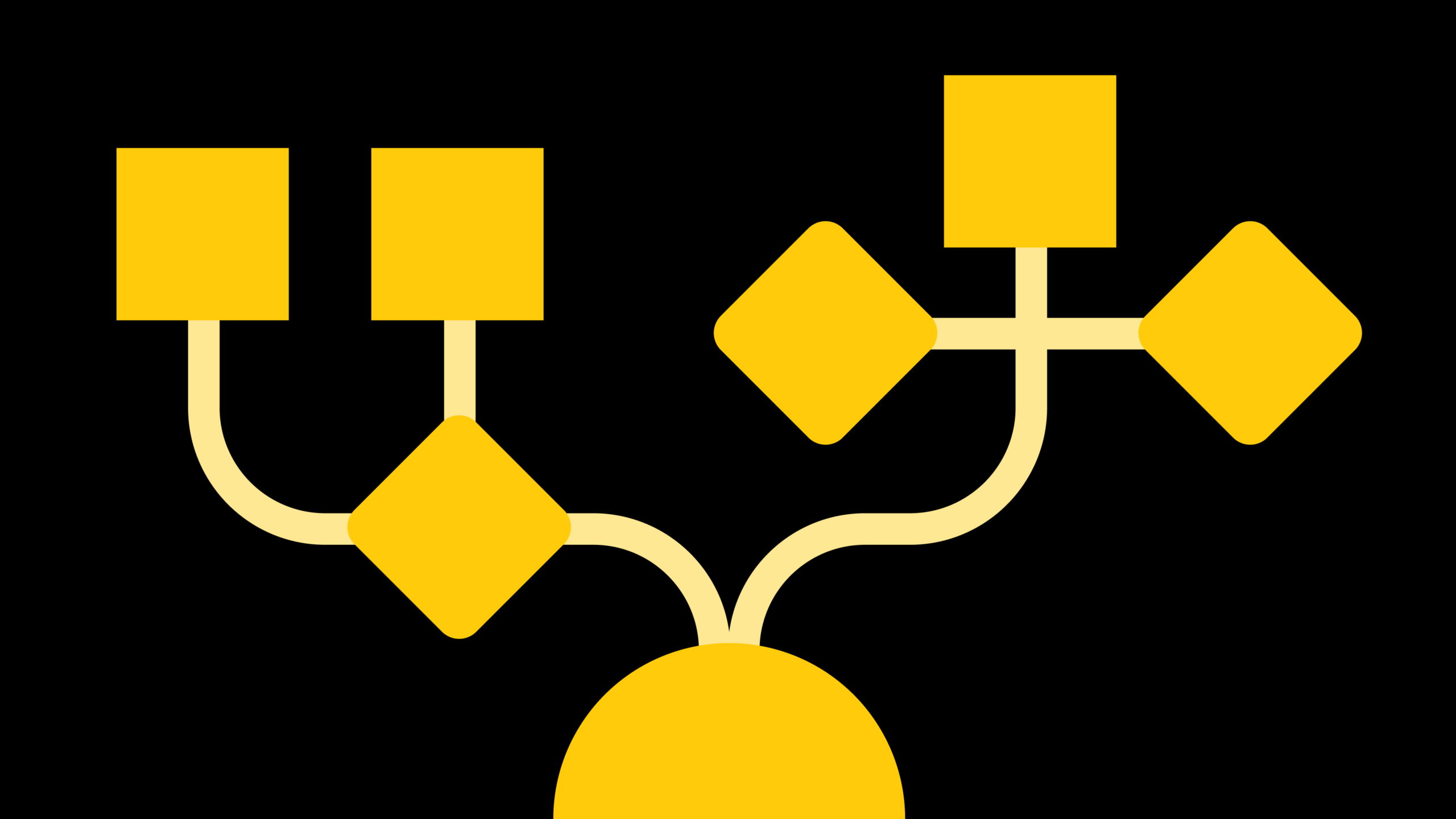 An illustration of different interconnected yellow shapes on a black background represents the workflows built around agentic systems to support software delivery.